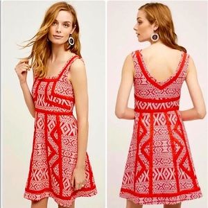 Anthropologie Red and White Embroidered Dress